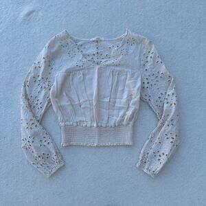 Shabby Chic Smocked Waist Long Sleeve Crop Top Women's S Beige Floral Eyelet